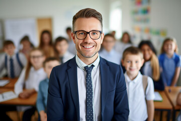 Generative AI portrait of confident male teacher looking at camera schoolkids on background in class room at the elementary school - obrazy, fototapety, plakaty