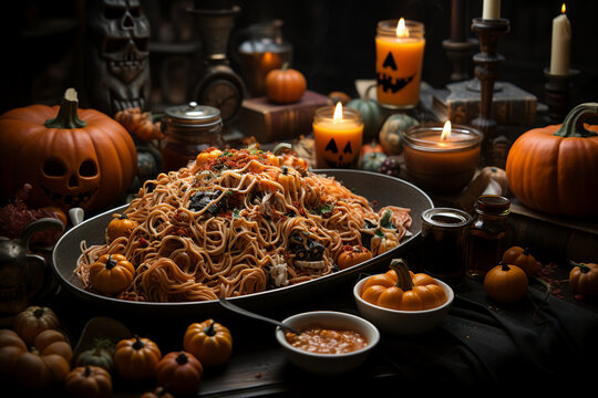 Picture of traditional halloween delicious food on table in a restaurant made with generative AI