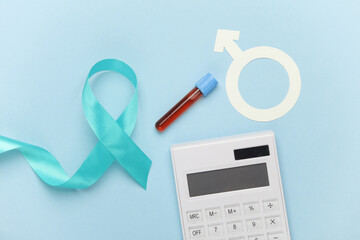 Blue ribbon symbolizing support of men, calculator, gender symbol, blood test tube. Blue november...