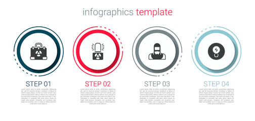 Set Radiation nuclear suitcase, Radioactive warning lamp, Nuclear reactor worker and Light bulb with concept of idea. Business infographic template. Vector - obrazy, fototapety, plakaty