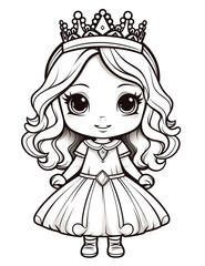 Outline art for a cute little beautiful princess suitable for coloring pages with a white background. 