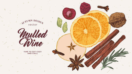 Mulled wine recipe sheet, culinary illustration, hot drinks menu, hand drawn mulled wine ingredients