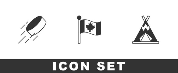 Set Hockey puck, Flag of Canada and Indian teepee or wigwam icon. Vector © Kostiantyn
