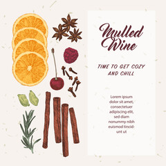 Mulled wine recipe sheet, culinary illustration, hot drinks menu, hand drawn mulled wine ingredients