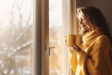  Portrait of happy young woman in cozy sweater holding a cup of hot drink and looking trough the window, enjoying the winter morning at home, side view - obrazy, fototapety, plakaty