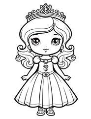 Outline art for a cute little beautiful princess suitable for coloring pages with a white background. 