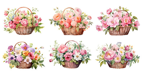 Watercolor of bouquet colorful spring flowers in wicker basket isolated on transparent png background, bouquets greeting or wedding card decoration, beautiful flowers inside buckets concept. - obrazy, fototapety, plakaty