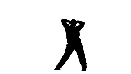 Black silhouette of a woman figure dancing jazz-funk on bright background in a studio. Modern dynamic and energetic dance choreography. Full length.