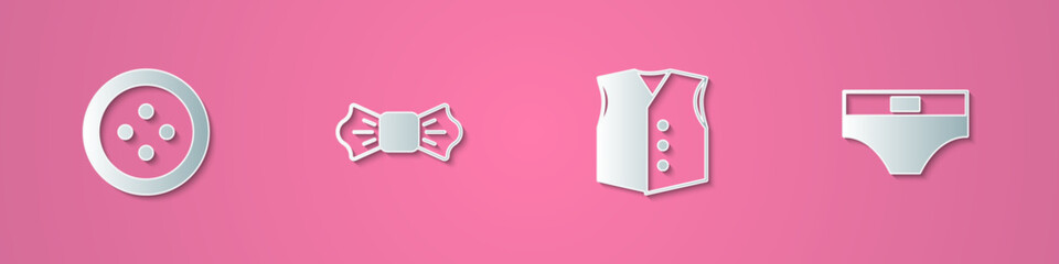 Set paper cut Sewing button for clothes, Bow tie, Waistcoat and Men underpants icon. Paper art style. Vector