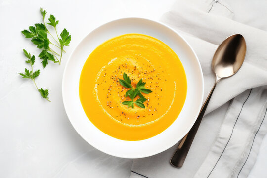 Bowl of pumpkin or carrot soup puree with spoon and greens on a white background, top view