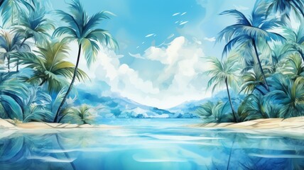 Abstract watercolor. Peaceful beach paradise with palm trees and crystal clear water.