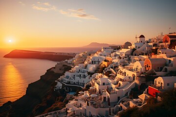 Summer destination in Europe. Concept of travel: picturesque sunset on Santorini Island, Oia,...