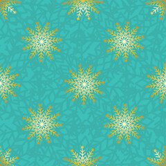 Elegant teal gold snowflake seamless vector pattern. Christmas and New Year seamless backdrop with snow, snowflakes. Winter holidays theme. Turquoise golden delicate motifs repeat. For festive gifts.