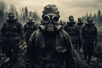 soldiers with gas masks in radioactive zone - obrazy, fototapety, plakaty