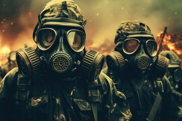 Soldier in nuclear gas mask amid post-apocalyptic city Ruins - obrazy, fototapety, plakaty