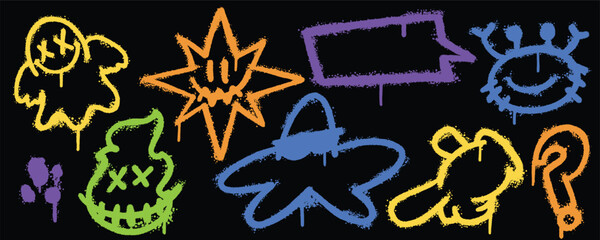 Set graffiti color spray paint. Collection of ghost, starfish, crab, fire Isolated Vector
