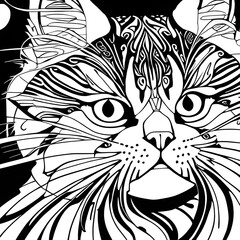Mosaic Black and White Cat Face Coloring Page 2 Black and White Cat Art Print - obrazy, fototapety, plakaty