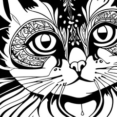 Mosaic Black and White Cat Face Closeup Coloring Page 2 Black and White Cat Art - obrazy, fototapety, plakaty