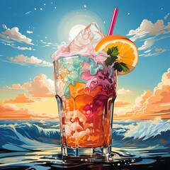 Hand drawn illustration of colorful frozen ice juice drink. Sweet and very cold fruit lemonade. A variety of cocktails with different tastes.