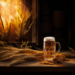 Studio lit mugs filled with crisp beer, adorned with barley, wheat, and malt, set against a bright and cozy ambiance. Generative AI.