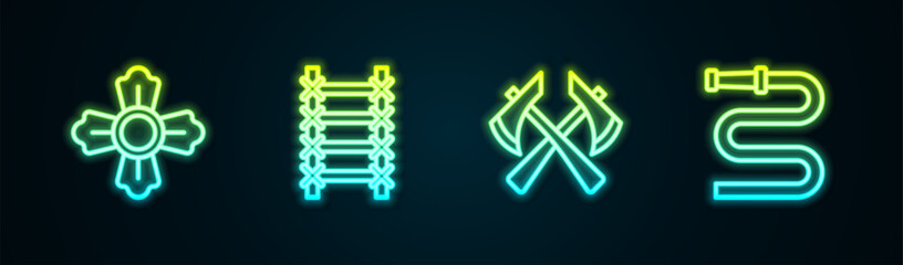 Obraz premium Set line Firefighter, escape, axe and hose reel. Glowing neon icon. Vector