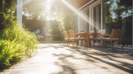 Sunlight on home backyard patio. Terrace design idea with table and chairs.