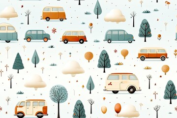 Seamless pattern with whimsical cartoon vehicles illustrations ,a simple design for baby room decor and nursery decoration.  a cute and simple vehicles  illustrations for nursery pattern.
