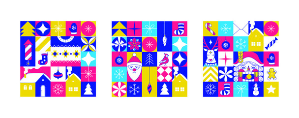 Graphic Christmas pattern. Holidays 2024 postcard. Square Line icons