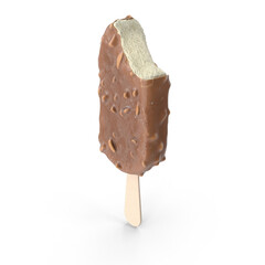 3D rendering Bitten milk chocolate ice cream popsicle covered with chocolate isolated. Bitten popsicle ice cream bar with chocolate coating and nuts isolated on a white background.