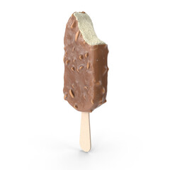 3D rendering Bitten milk chocolate ice cream popsicle covered with chocolate isolated. Bitten popsicle ice cream bar with chocolate coating and nuts isolated on a white background.