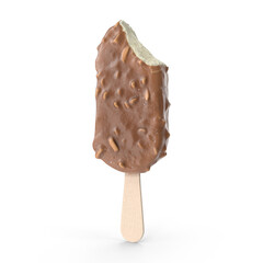 3D rendering Bitten milk chocolate ice cream popsicle covered with chocolate isolated. Bitten popsicle ice cream bar with chocolate coating and nuts isolated on a white background.