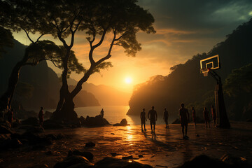 Playing basketball with sunset in a lake on World Basketball Day
