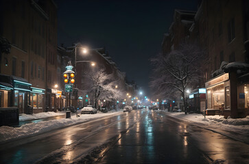 Night traffic in the city, In the style of cinematic, a winter city scene under soft snowfall at dusk
