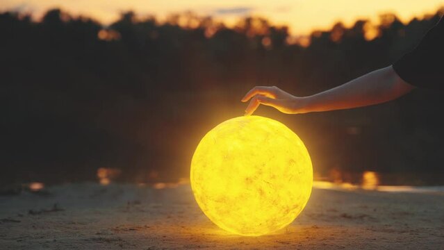 Happy Fantasy woman close-up hands holding moon touching magic light glowing planet, night sky forest. body part arm person, dark water river lake. Girl pray dream fairy art. Mystery lady goddess 4k