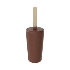 Eskimo geometrical round vertical ice cream with chocolate on a wooden stick 3D render, Close-up view of ice cream in chocolate glaze