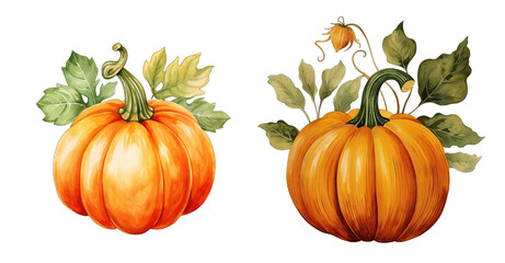  Set of hand drawn watercolor green pumpkins with leaves isolated on transparent background with clipping path