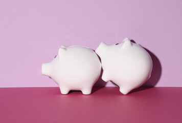 Two white ceramic piggy banks on a pink background with shadow