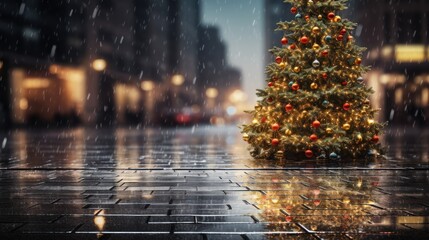 Christmas tree on a city street. Wet asphalt, it's raining.
