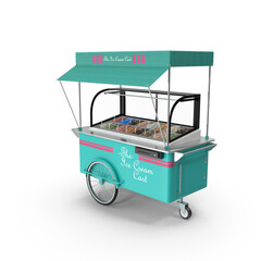 Ice cream cart trolley with various types of delicious ice cream showcase, Street cart with awning. Easy to use for advertising branding, 3D Rendering, sweet frozen food kiosk © 2D