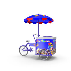 3D Ice cream Cart rickshaw bike with branded large umbrella shade, Street cart with awning. Mockup template for branding and product designs. Easy to use for advertising branding and marketing.