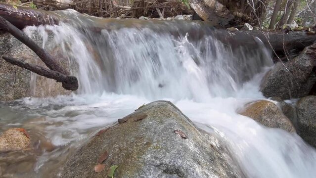 Mountain stream waters rush over logs and cascade between large boulders.