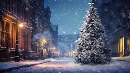 A Christmas tree stands tall on a city street, surrounded by drifts of snow, creating a festive and picturesque scene.