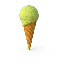 Green round scope Ice cream with wafer cone  on a white background, 3D rendering