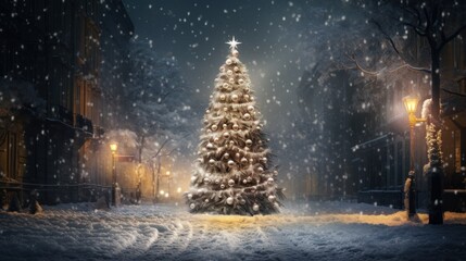 A Christmas tree stands high on a city street, fluffy snow flies by, a festive atmosphere.