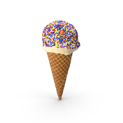 Ice Cream with Sprinkles in a Waffle Cone on a White Background