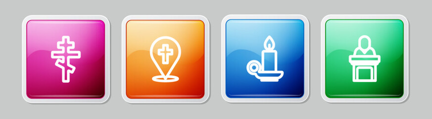 Obraz premium Set line Christian cross, Location church building, Burning candle candlestick and Church pastor preaching. Colorful square button. Vector