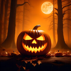 carved halloween pumpkin head in front of a spooky forest