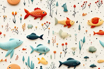 seamless pattern with cute  fish and seaweed illustrations,a simple design for baby room decor and nursery decoration.cartoon  fish and seaweed.illustrations for nursery pattern.
 - obrazy, fototapety, plakaty