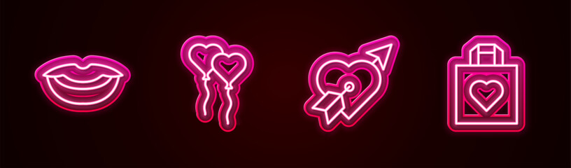 Set line Smiling lips, Balloons form of heart, Amour with and arrow and Shopping bag. Glowing neon icon. Vector