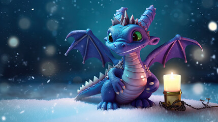Funny cute dragon with candle for winter holidays and 2024 lunar new year celebration.